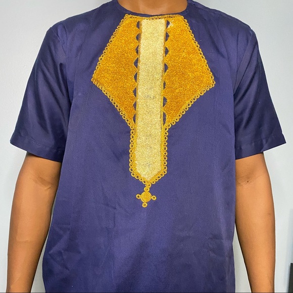 Men’s African Clothing Print Blue/Gold African Top Mens Sizes S-XL - Picture 1 of 4